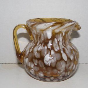 Vtg. Small Pitcher/Creamer Hand Blown Honey Gold W/White Drip Applied Handle Art
